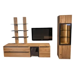 Wohnwand WK 490 Baristo Asteiche Bianco Rillenoptik Glas Anthrazit Inklusive LED Beleuchtung