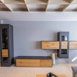 Wohnwand Wk 440 Lavato Und Vitrine 440 Balkeneiche Lack Schiefergrau Grau Matt Inklusive Beleuchtung