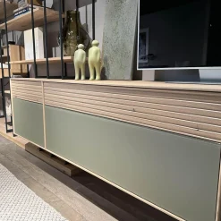 Wohnwandkombination Lina Eiche Massiv Gebürstet Weiß Geölt Glas Matt Salbei Mit Schreibplatz