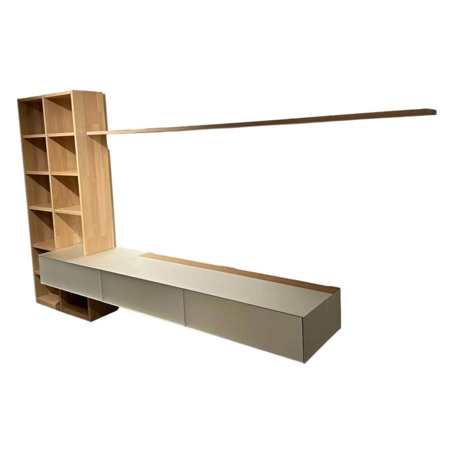 Wohwand In Eiche Weiß Geölt Fronten Glas Pearl Matt Innen Buche Mit Zwei Schubkästen Und Einer Klappe